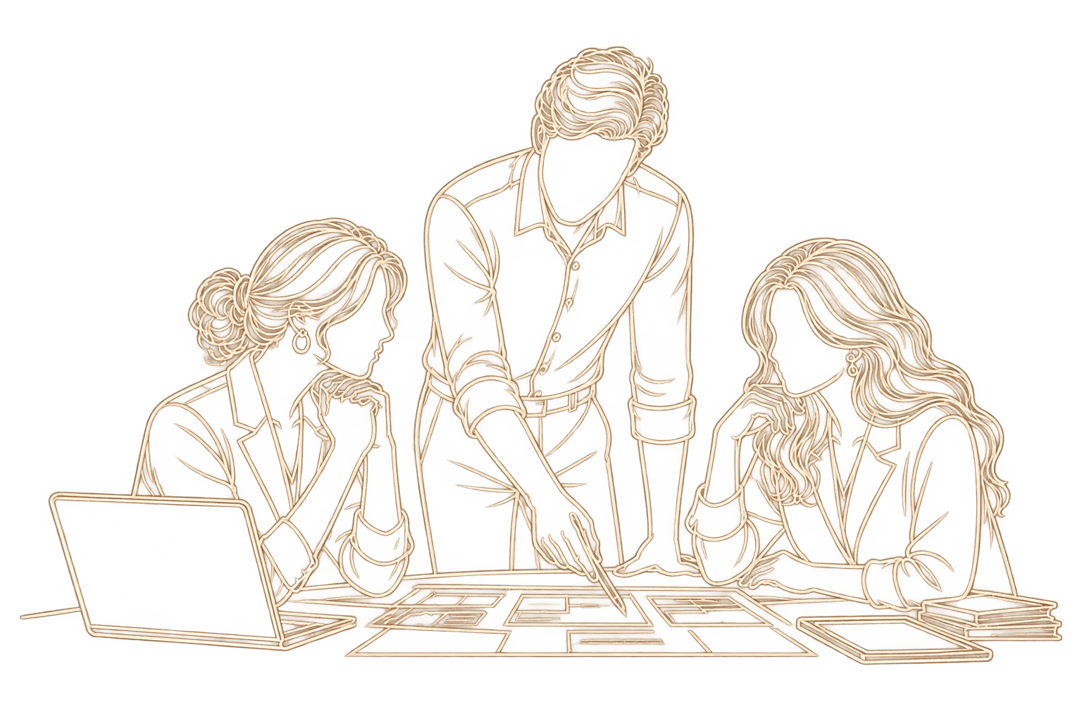 Line art illustration of a creative team meeting