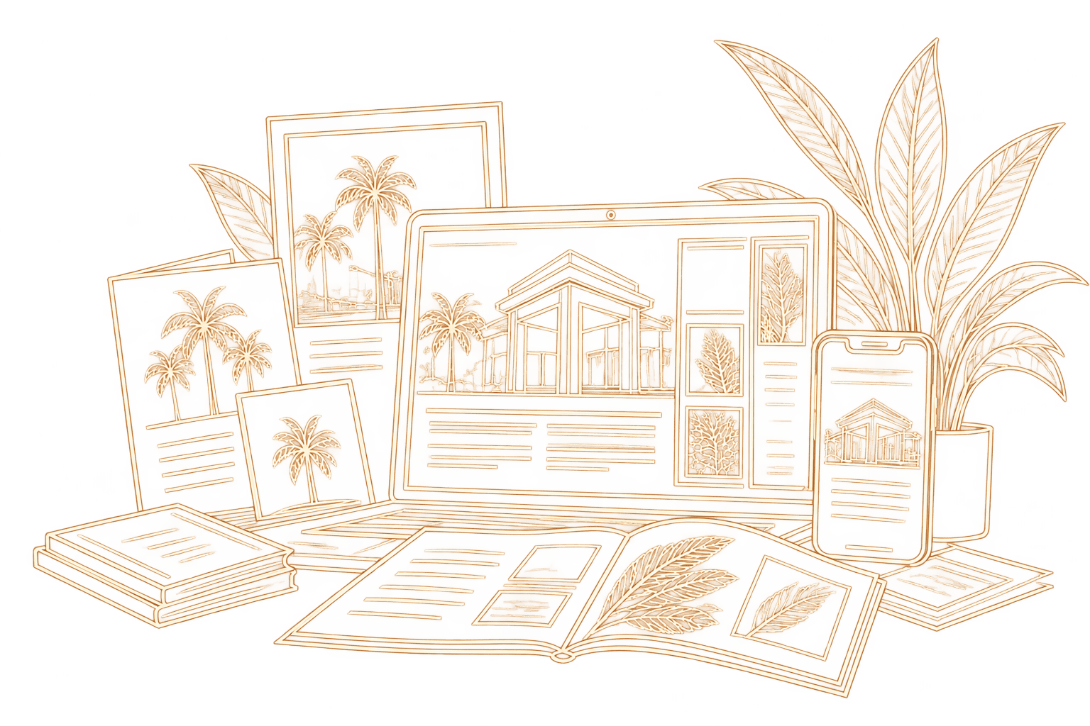 Gold line art illustration of a creative workspace